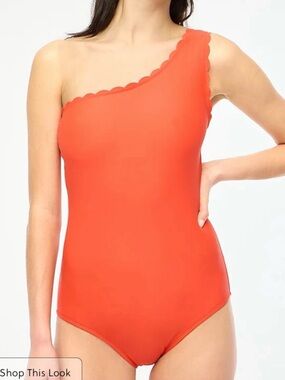 One-Shoulder Scallop Edge Swimsuit in Coral